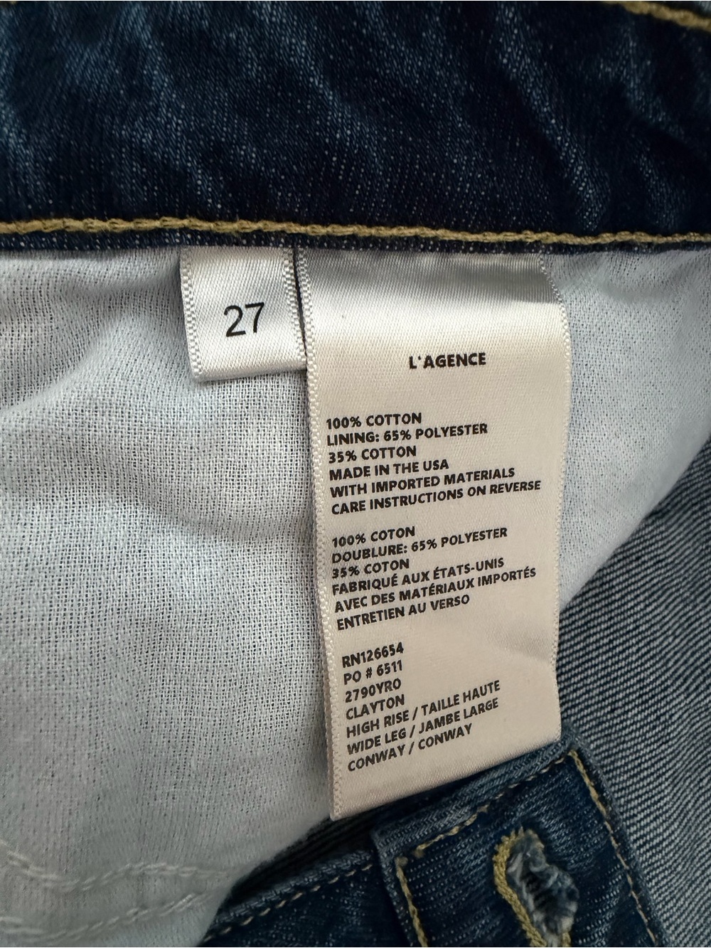 L’AGENCE Clayton Wide Leg High Rise 100% Cotton Jeans Size 27 - Picture 9 of 9